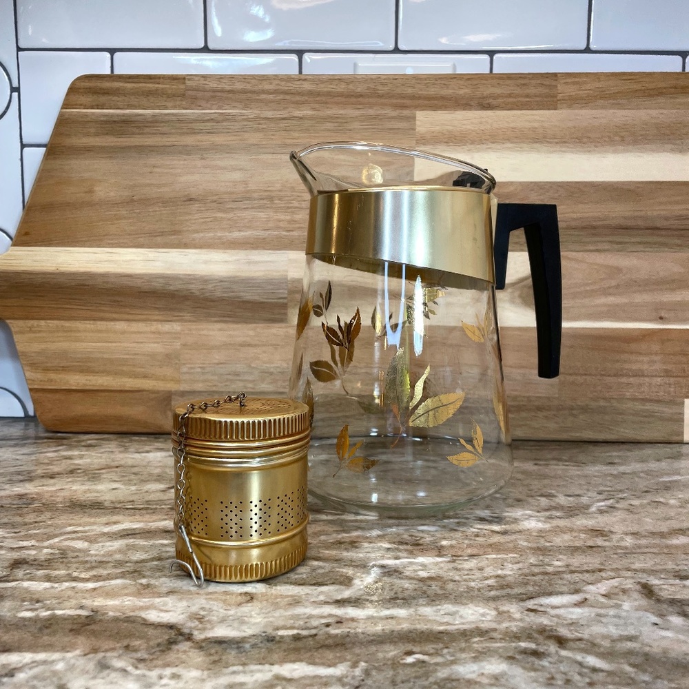 Donald Douglas Gold Leaf Flameproof Tea Maker with Gold Tea Infuser - Vintage